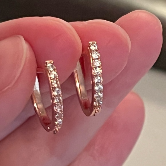 Rose Gold Diamond Huggie Drop Hoop Earrings - Picture 2 of 7